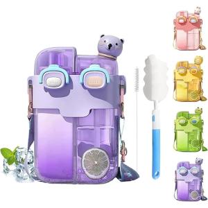 imageHiGropcore Kawaii Water Bottle Cute Water Bottles with Straw Double Chamber Water Bottle with Adjustable Strap and Kawaii 3D Stickers Portable Leakproof Water Jug 26ozPurple
