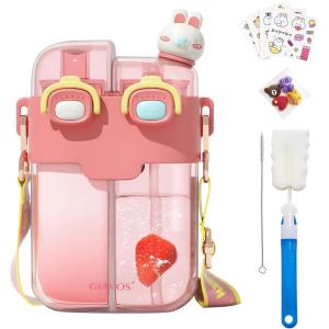 imageHiGropcore Kawaii Water Bottle Cute Water Bottles with Straw Double Chamber Water Bottle with Adjustable Strap and Kawaii 3D Stickers Portable Leakproof Water Jug 26ozPink