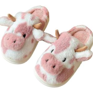 imageHiGropcore Cute Animal Fuzzy Slippers for Women Men Cartoon Indoor Comfortable Warm Furry House SlippersA3  Cow Pink