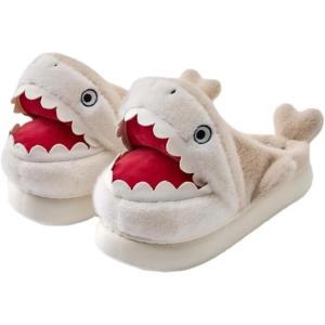 imageHiGropcore Cute Animal Fuzzy Slippers for Women Men Cartoon Indoor Comfortable Warm Furry House SlippersB2  Shark Beige